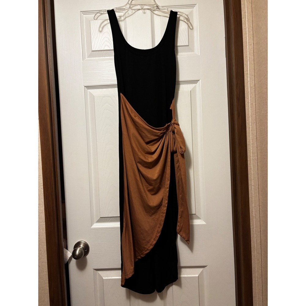 SHEIN Women Black Rust Brown Side Tie Draped Wrap Bodycon Midi Dress Small 4